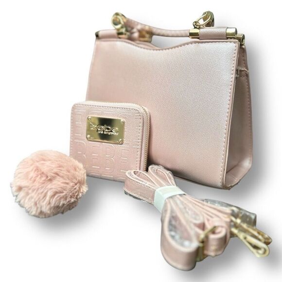 Bebe Alexandra Mini Satchel Gift Set Blush Shine Pink Logo Faux Leather NWT - Picture 2 of 14